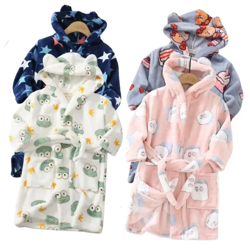 Winter Night-Robe For Boys Kids Hooded Bathrobe Autumn Nightgown Double-Sided Flannel Girl's Warm Pajamas Home Clothes 240108