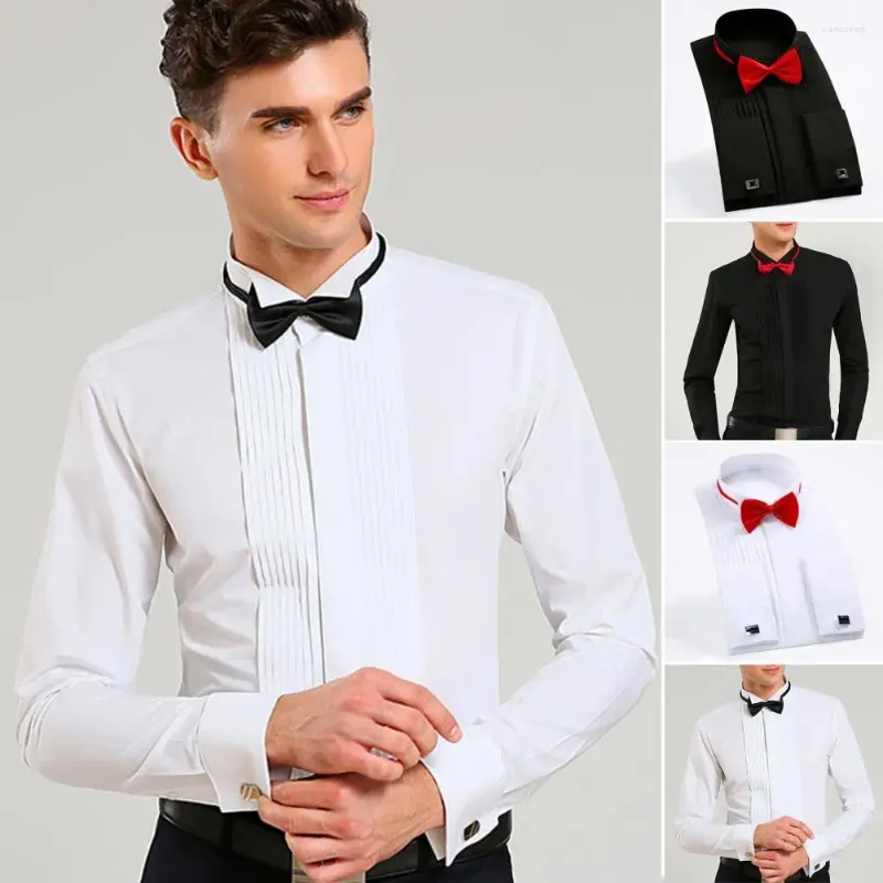 Camicie eleganti da uomo Camicia da sposo Top con papillon Tinta unita Manica lunga Risvolto Abbottonatura Abbigliamento formale per la festa nuziale