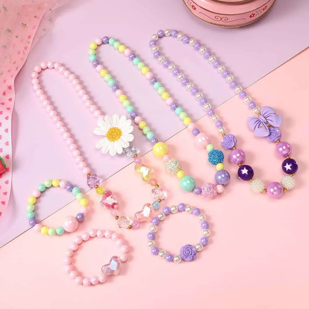 Crianças conjunto meninas colar frisado pulseira vestir jóias para crianças criança