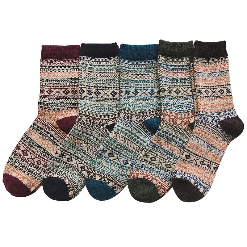 5 par mody Winter Men Socks Vintage świąteczne skarpetki grube wełniane skarpetki kolorowe skarpetki retro fine wzór Socken 240108