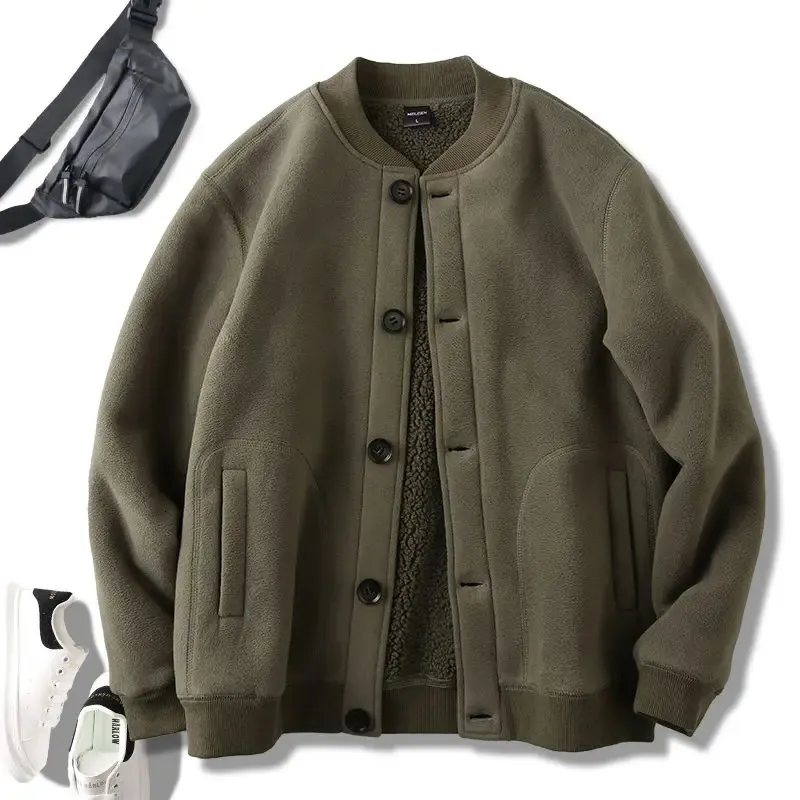 メンズジャケット秋の冬極フリースステッチ二重層スタンドカラー厚いシングルブレストソリッドカラージャケットトップ240108