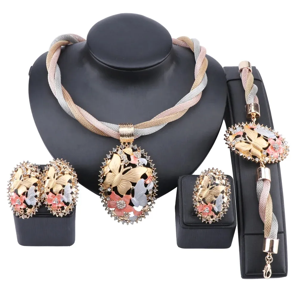 Ensembles de bijoux africains épais pour femmes, collier en cristal de fleur de papillon, couleur or de dubaï, Costume, Bracelet, boucle d'oreille, bijoux