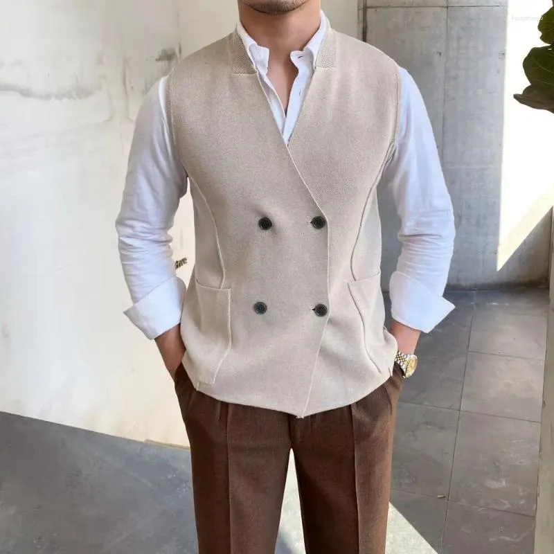 Mäns västar Autumn British Retro Style Slim Fiting HerringBone Pattern Woolen Vest Casual Fabric Double Breasted Suit