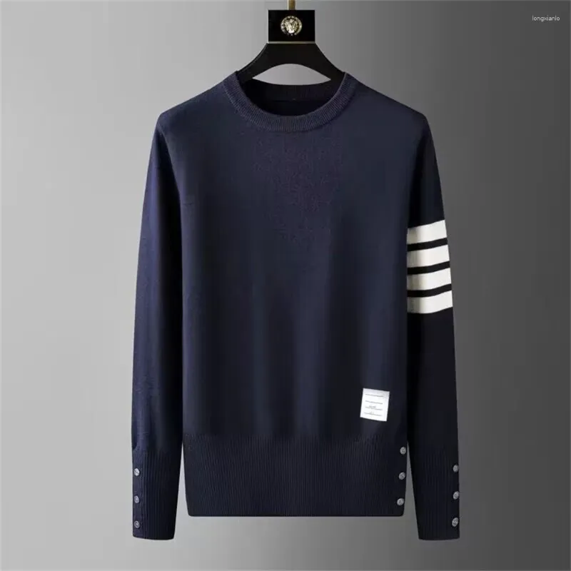 Men's Sweaters High End Luxury Quality Knitted Sweater O-Neck 4 Stripe Hem Slit Wool Pullover Winter Korean Fashion Casual Trend Knitwear