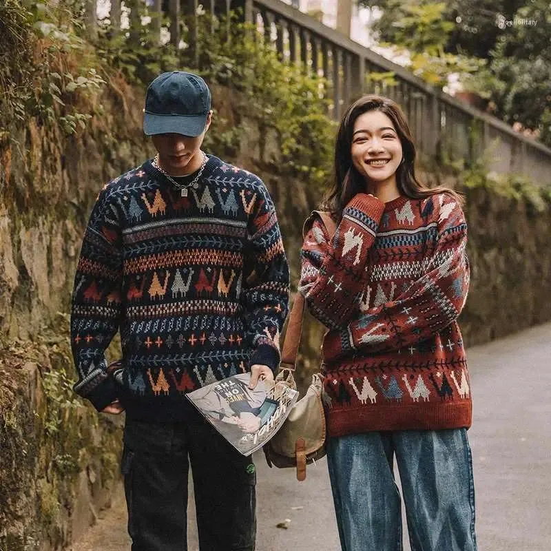 Herentruien Etnische stijl ronde hals trui voor losse en casual Japanse retro paar winter gebreide unisex kleding