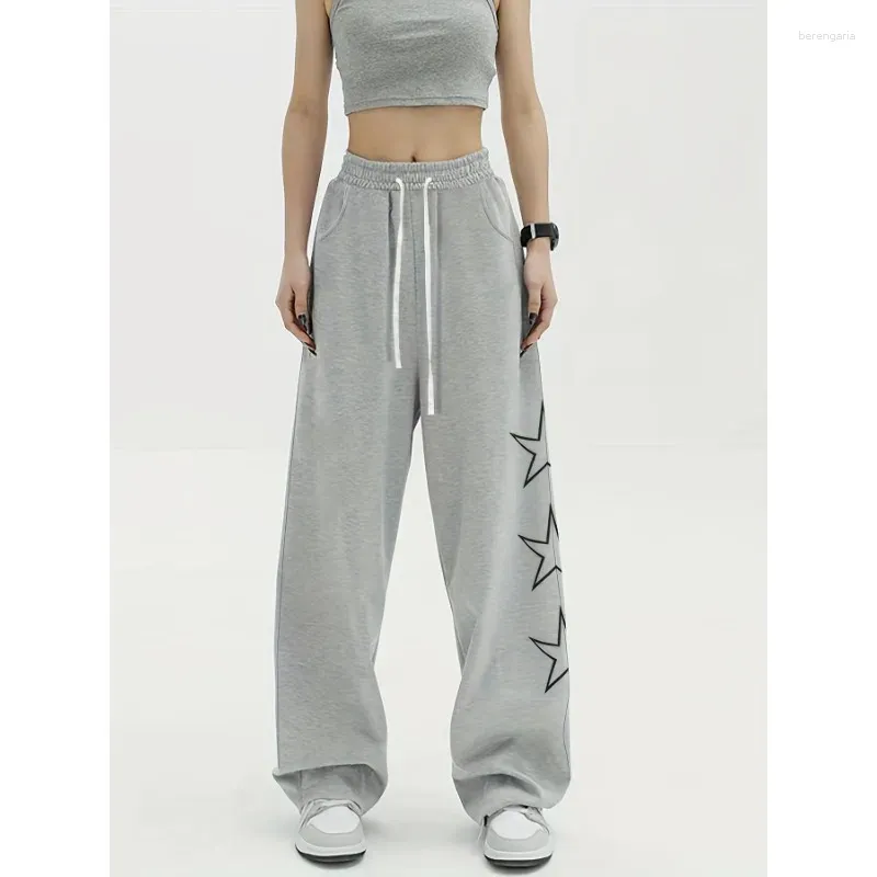 Calças femininas Qweek Star Print Drawstring Straight Sweatpants Mulheres Cinza Casual Elástico Cintura Alta Jogger Coreano Moda Kpop Calças