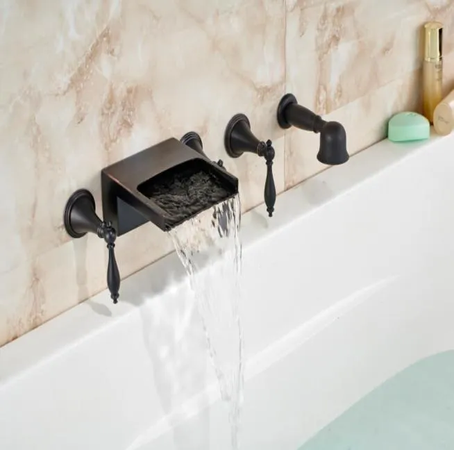 Wall Mounted Waterfall Bathroom Tub Faucet Oil Rubbed Bronze Tub Mixer 3 Handles5754271