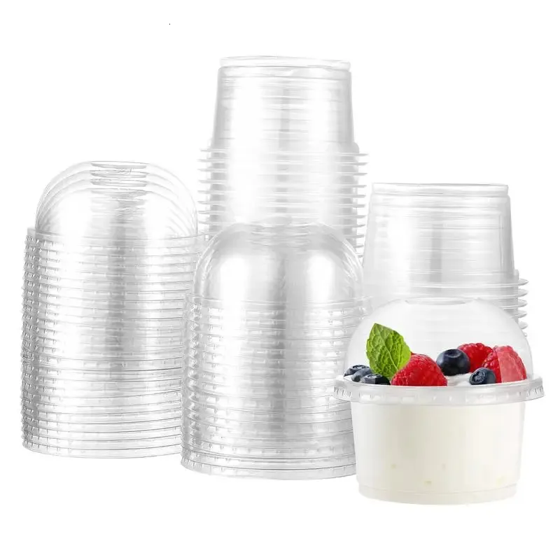 50pcs przezroczysty plastikowe miseczki do dyspozycji sałatka z owoców Parfait z pokrywkami 250 ml lody platforma kopuła 240108