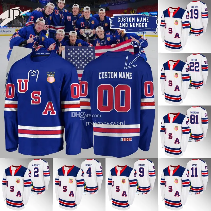 USA Hockey 2024 IIHF World Junior Champions Jersey 8 Sam Rinzel 1 Trey Augustine 22 Isaac Howard 4 Gavin Brindley 27 Gavin Hayes 9 Ryan Leonard 11 Oliver Moore Jerseys