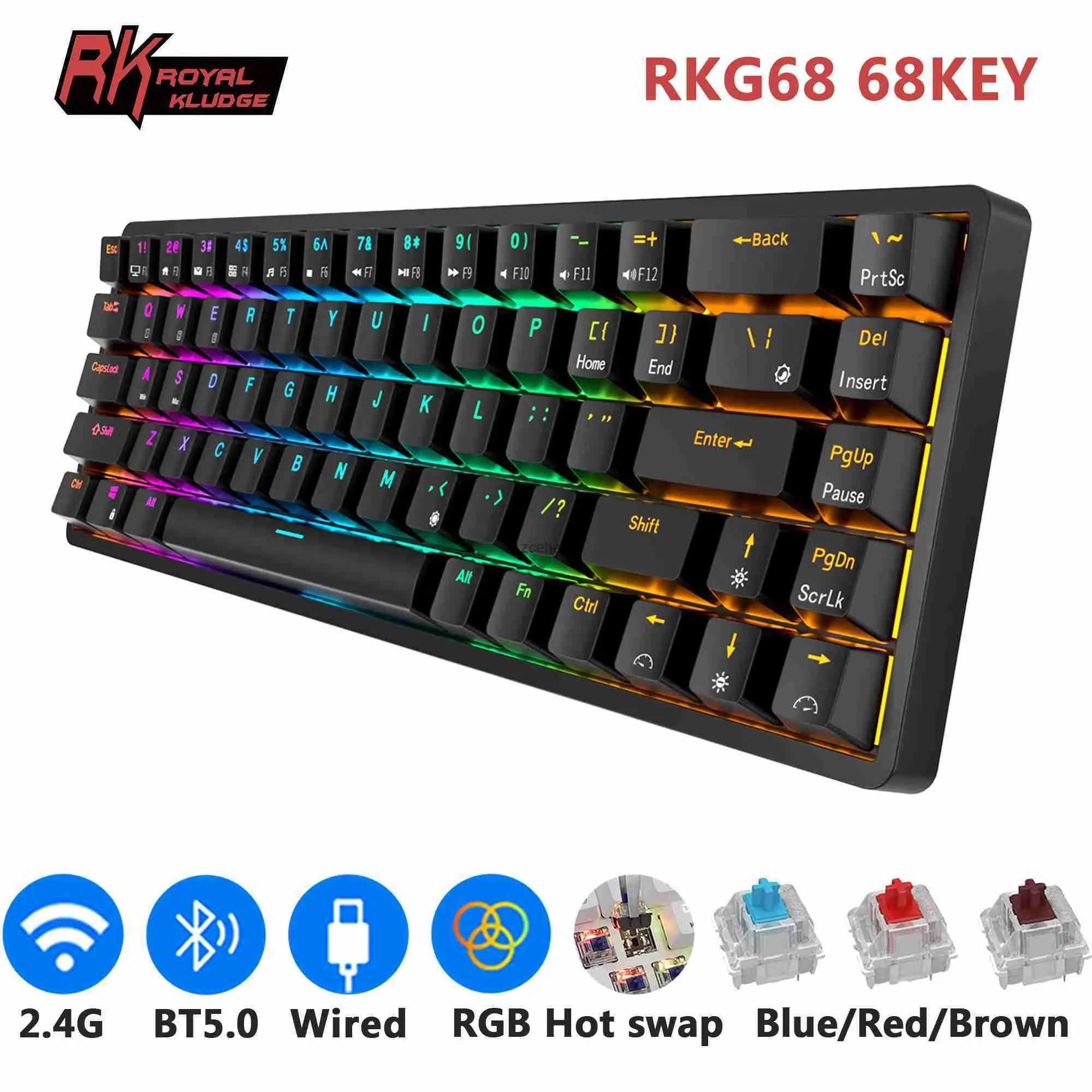 キーボードRKG68 RK837ワイヤレスメカニカルキーボード68キー65％RGBバックライトホットスワップ可能2.4GHz Bluetooth USB Wired Gaming Royal Kludgel240105