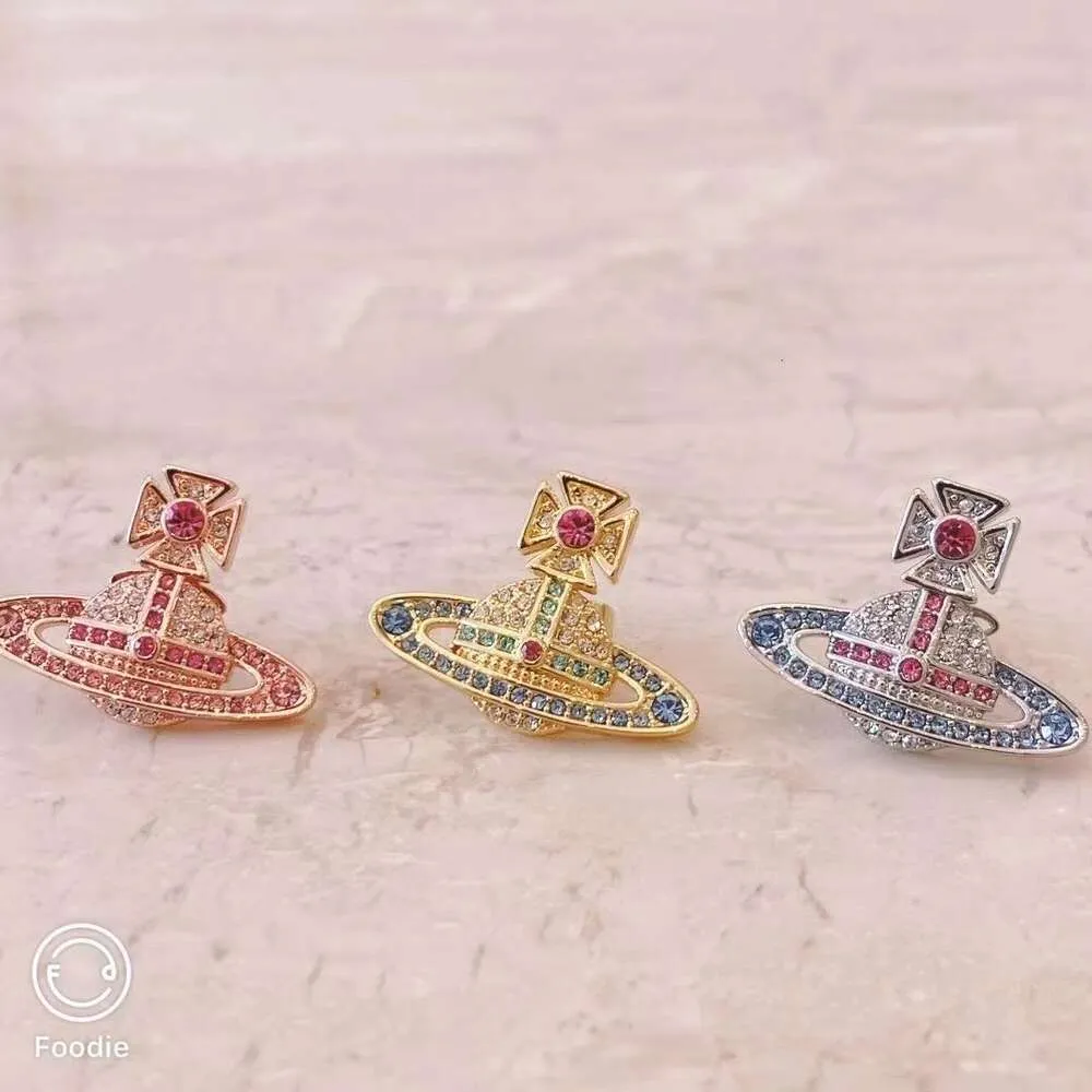 Desginer Viviene Westwoods Network Red Ins Gold Silver Black Gold Full Diamond Medium Flat SaturnEarrings