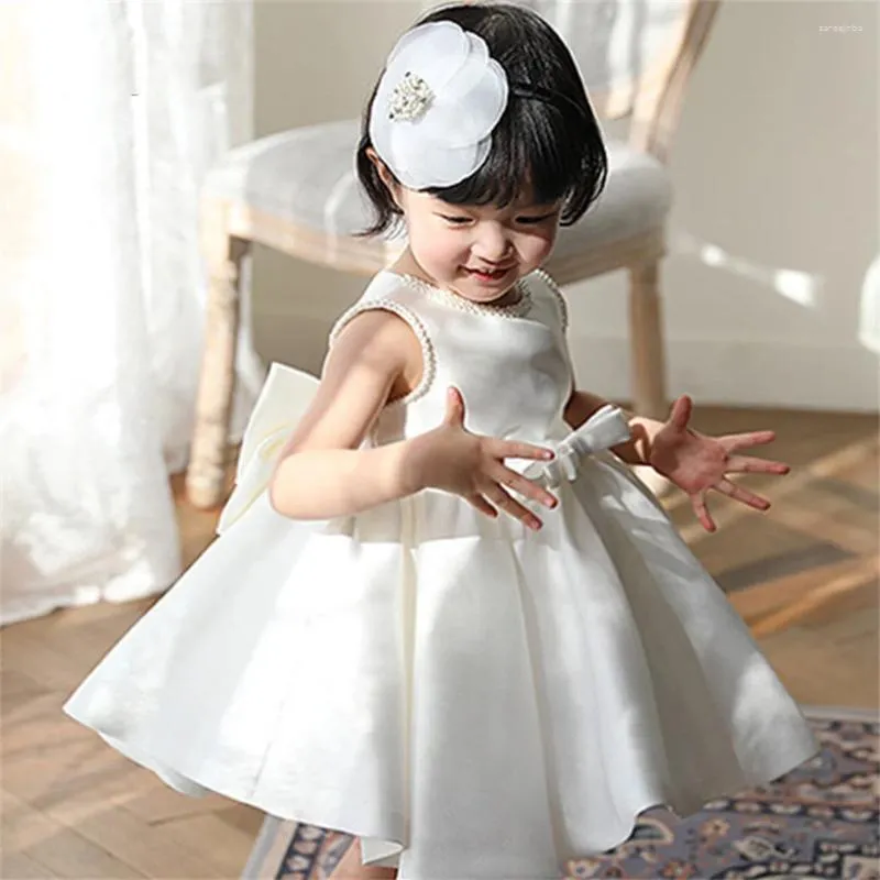 Kız Elbiseler Beyaz Kısa Stil Çiçek Yay İlk Cemaat için Doğum Günü Dans Partisi Vaftiz