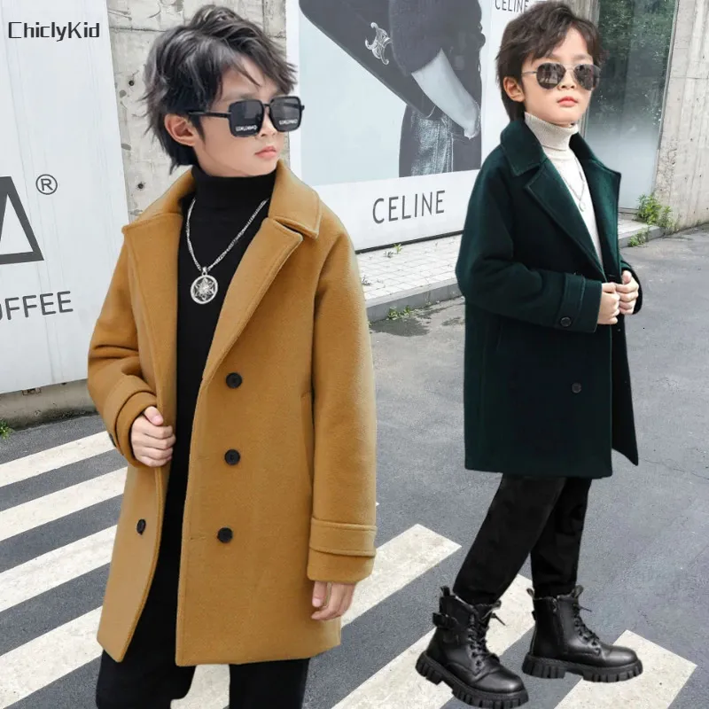 Boys Winter Fall Chesterfield Single Breasted Warm Coat Kids Solid Velvet Thick Woolen Jacket Child Outerwear Toddler Overcoat 240108