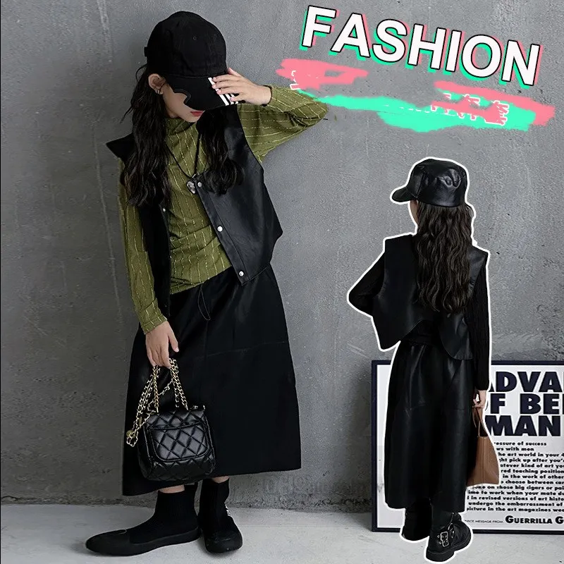 2024 Spring Old Girls PU leather clothes sets teenagers waistcoat long skirt 2pcs big kids vertical stripe velvet bottoming shirt Z6608