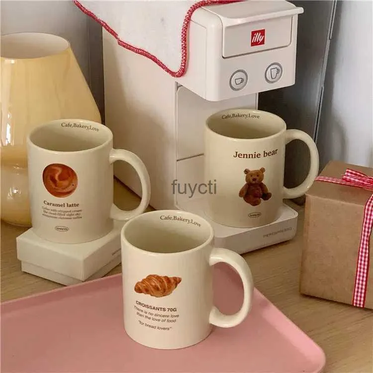 Mugs Cream Cute Ceramic Mug Korean Ins Modern Cartoon Decal Decoration Couple Cup Animal Decorative Milk Breakfast Cups Office Mugs YQ240109