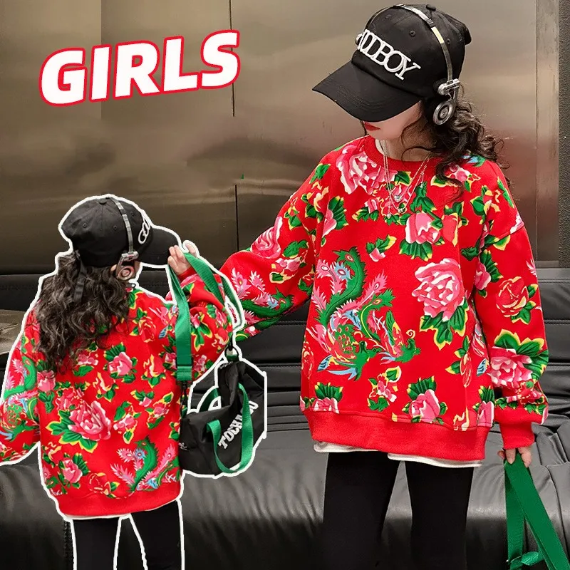 Grandes meninas nordeste flores moletom crianças velhas gola redonda manga longa pulôver 2024 primavera adolescentes casual topos jumpers z6598