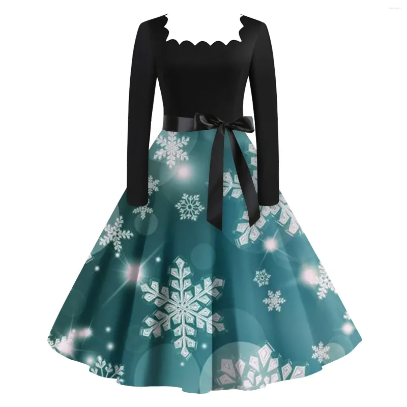 Casual Dresses Women's Fashion Christmas Tree Print Långärmad klänning Cutout Party Square Neck High Midist Vestido