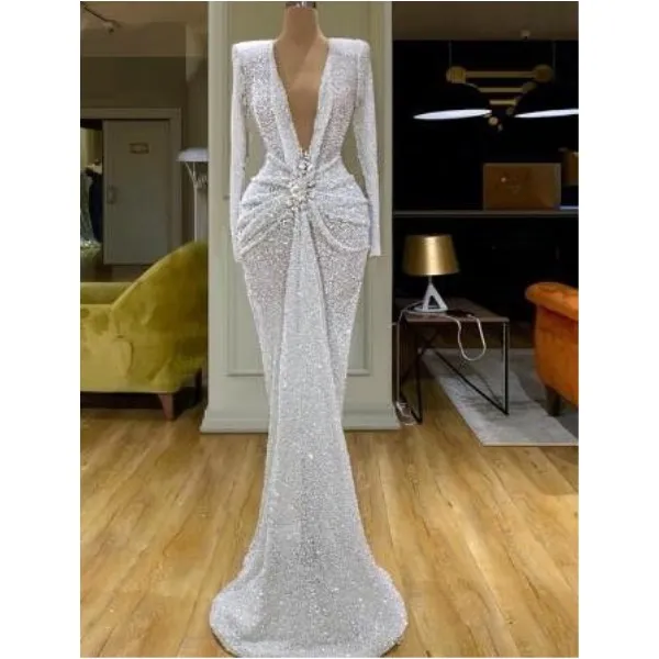 Glaring Vintage col en V profond robes de soirée blanches Couture sirène manches longues formelle arabe robes de soirée Dubai Kaftans robe de soirée