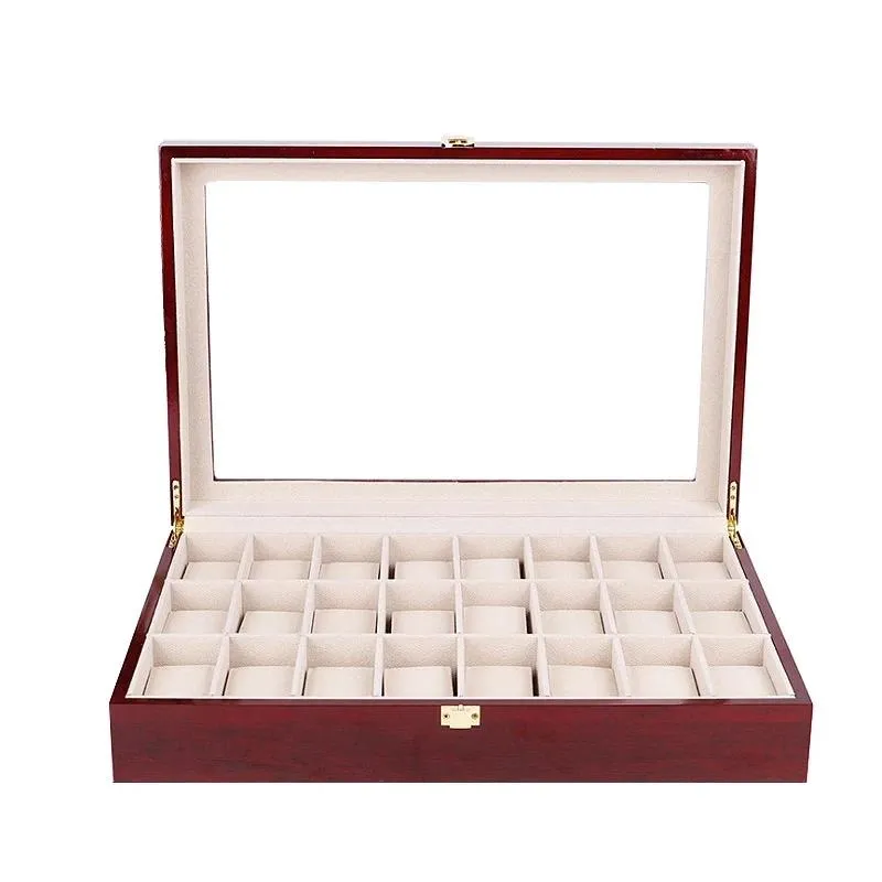 Anelli 24 slot Scatola porta orologi in legno laccato rosso brillante Organizzatore Grande orologio Scatola portaoggetti per gioielli Custodia per cuscini Regalo in legno