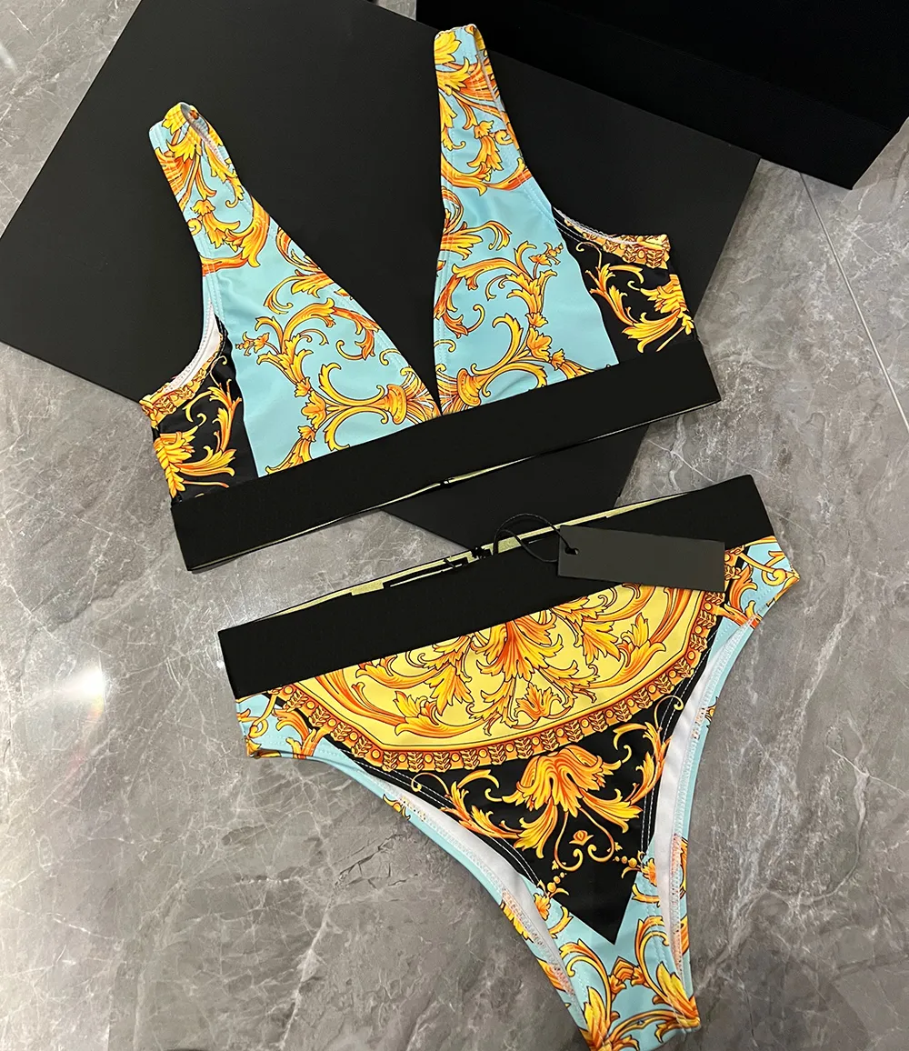 Goudkleurige Designer Bikini Set Klassiek Patroon Tweedelige Bikini's Merk Sexy Push Up Badpak Luxe XL Strandkleding Hoge Taille Badmode Dames Merk Badpakken 2024