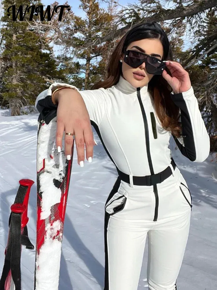 Winter Patchwork Ski Jumpsuits For Women Long Sleeve Waterproof Windproof Skiing Overall Female Elegant Skateboard Jumpsuit 240109