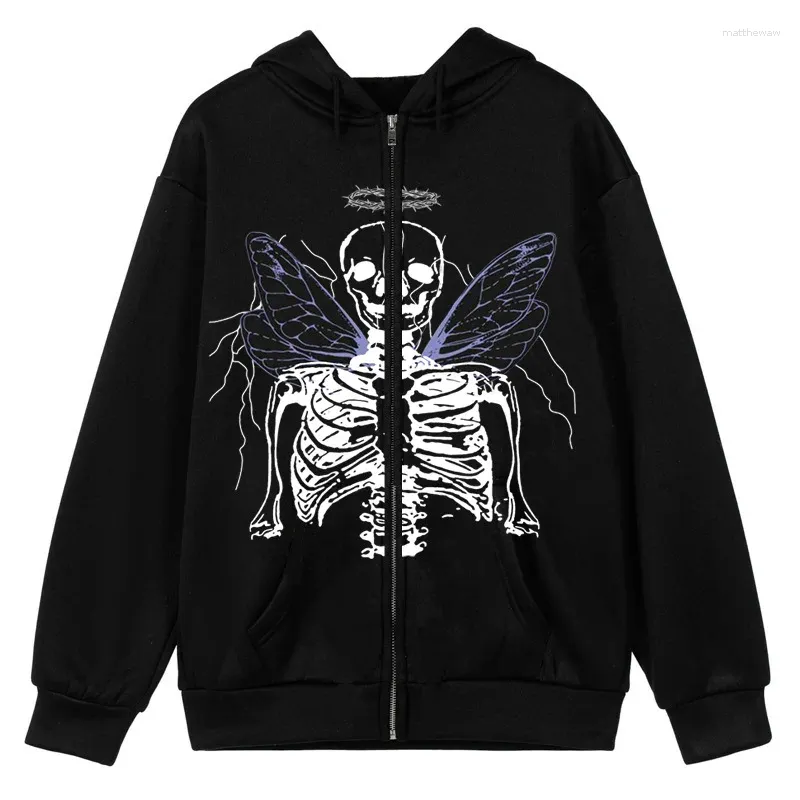 Heren Hoodies Straat Hip Hop Angel Vlinder Print Zwarte Rits Hoodie Vrouwen Y2k Harajuku Jas Sweatshirt