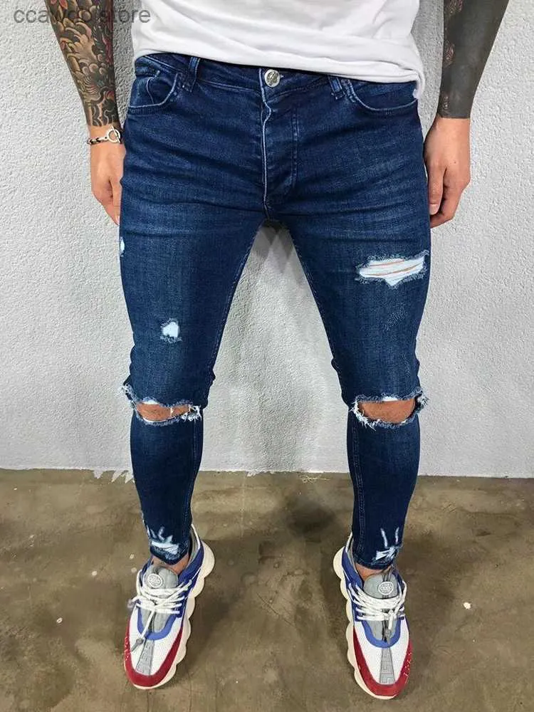 Men's Jeans Distressed Knee Holes Elastic Skinny Jeans Men Ripped Biker Denim Pants Solid Washed Streetwear Black Pantnes Hombre Joggers T240109