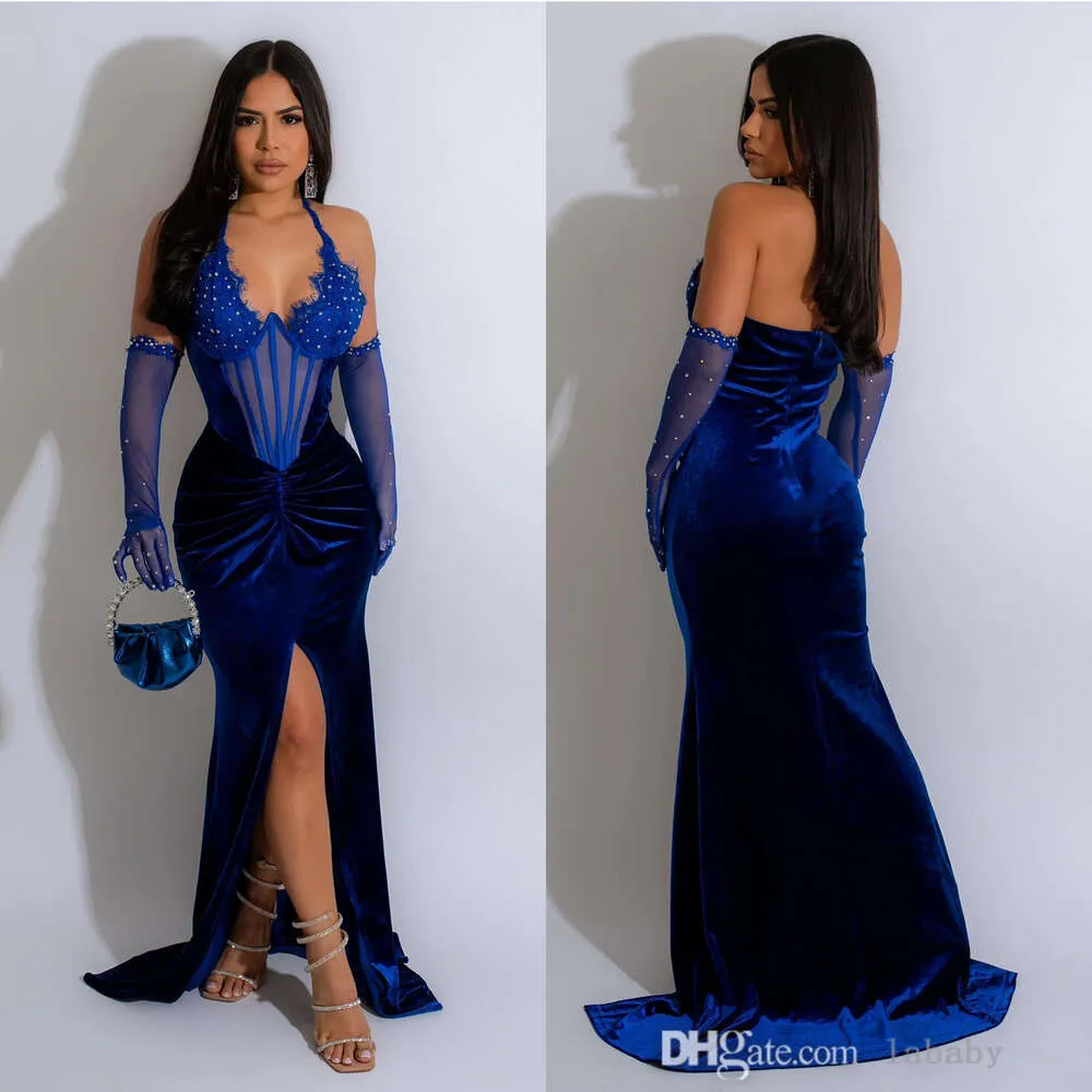 Sexy Party Birthday Dress Sequins Embellished Velvet Long Maxi Dress Gown Royal Blue Rhinestones Corset Dresses For Woman Outfits