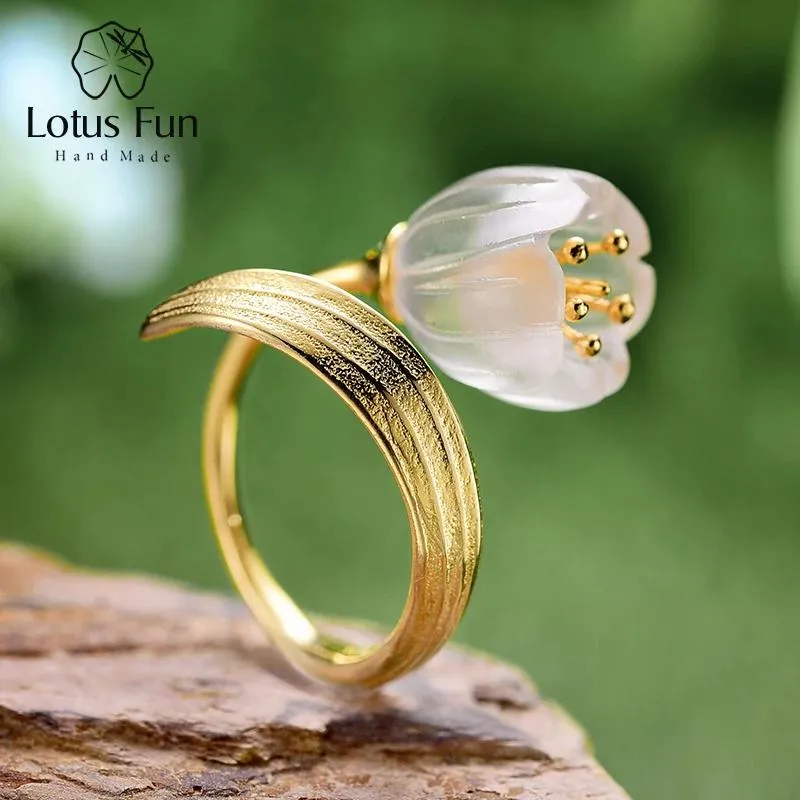 Rings Lotus Fun Real Sterling Sier Gold Ring Natural Crystal Handmade Fine Jewelry Lily of the Valley Flower Rings for Women