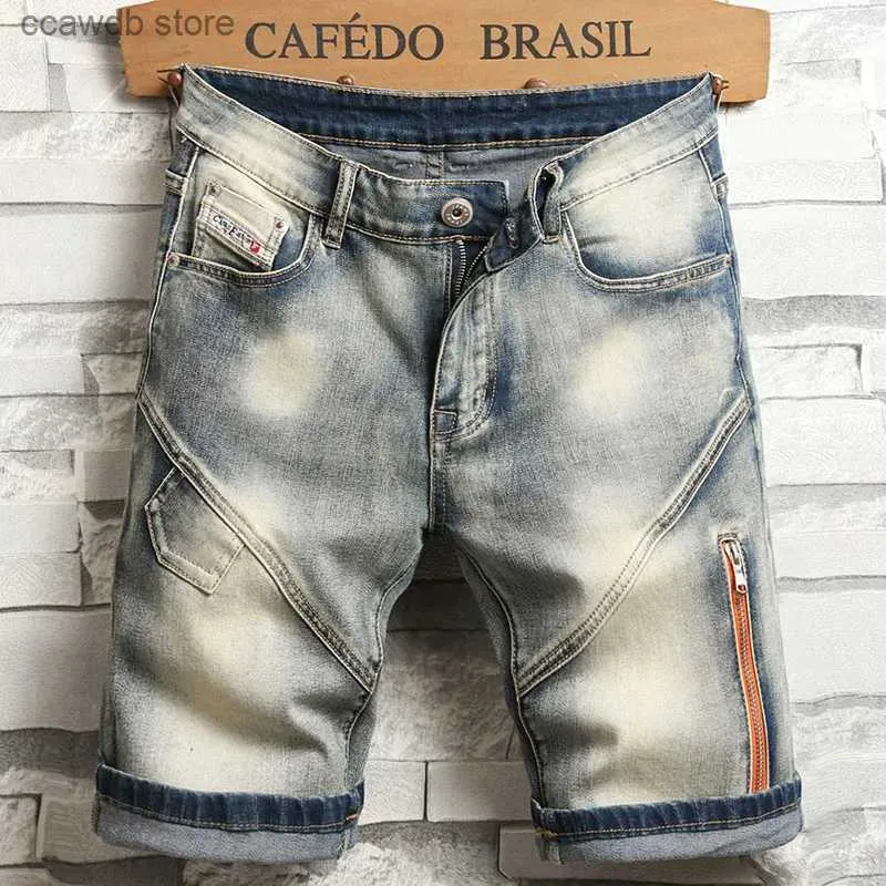 Calças de brim masculinas verão nova moda masculina estiramento denim shorts retro estilo de rua velho velho fino ajuste jeans curto emenda design 98% algodão marca t240109