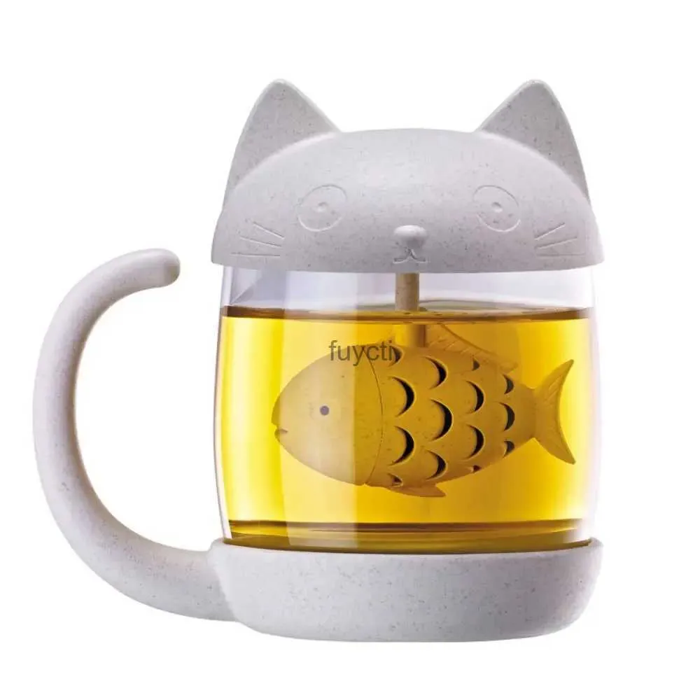 Mugs Creative Glass Drinkware Cup Transparent 250ML Fish Tea Mug With Tea Filter Cute Cat Infuser Water Bottle Christmas Gifts YQ240109