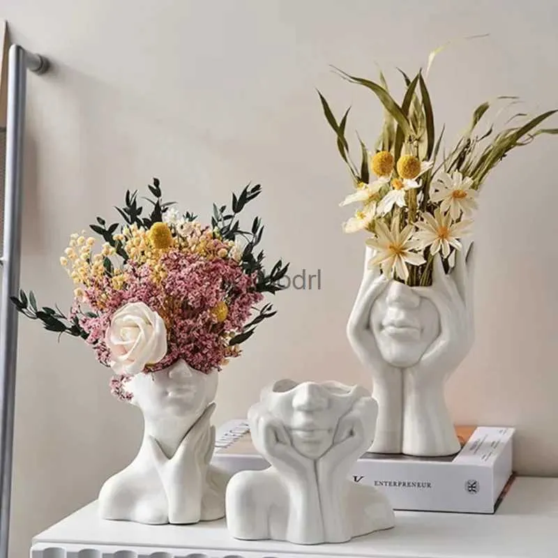 Planters POTS Modern Simple Ceramic Human Face Flower Vase Human Head Plant Flower Pot Nordic Art Flower Creative Vase Home Living Room Decor YQ240109