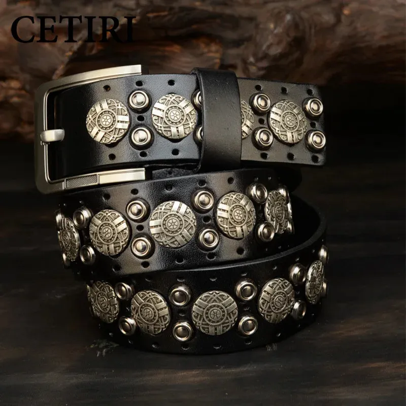 Ceintures à rivets en cuir véritable pour hommes, Cowboy, moto, Jeans, métal lourd, Punk Rock, 100, 240109