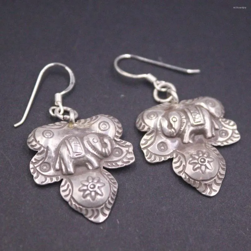 Boucles d'oreilles pendantes en argent sterling S925 véritable pour femme avec crochet en forme de feuille d'éléphant vintage 4,1 cm de longueur
