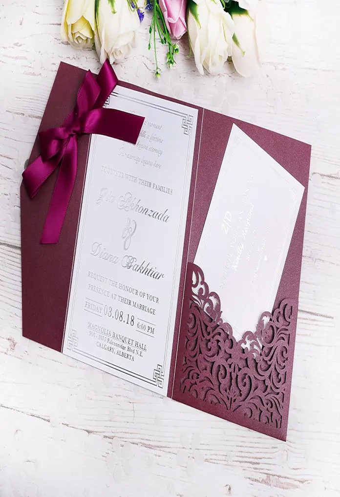 2020 New 3 Folds Wedding Burgundy Invitations Cards With Burgundy Ribbons For Wedding Bridal Shower Engagement Birthday Graduation9120083