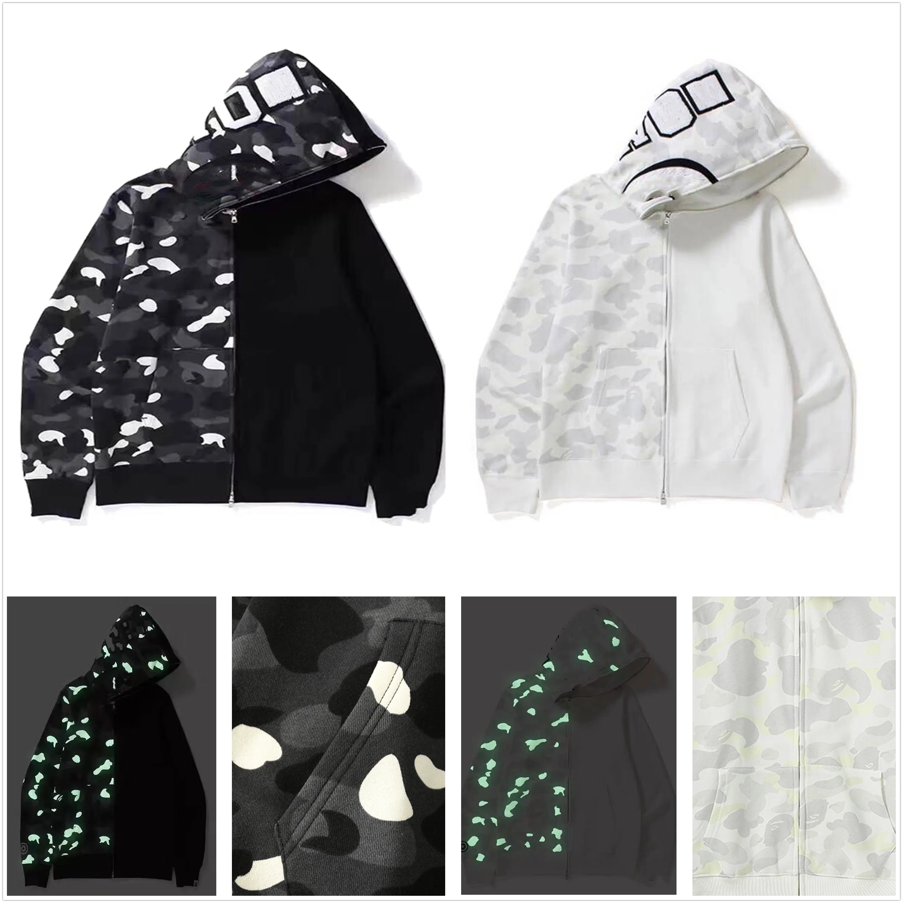 designer à capuche hommes à capuche hoodies designer requin hoodys couture patchwork demi manches camo pulls surdimensionnés zip cardigan lumineux repéré