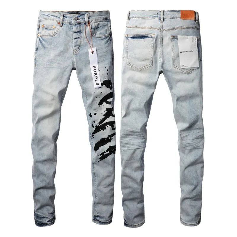 Lila män magra jeans rippade hål motorcykel cyklist patch splice mode hip hop berömda tryck denim byxor 8psv