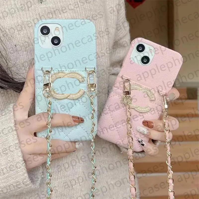 Brand Phone Case Designer iPhone Case for Apple iPhone 15 14 13 12 11 Pro Max Case Crossbody Card Holder Leather Wallet Mobile Cover Chain Strap