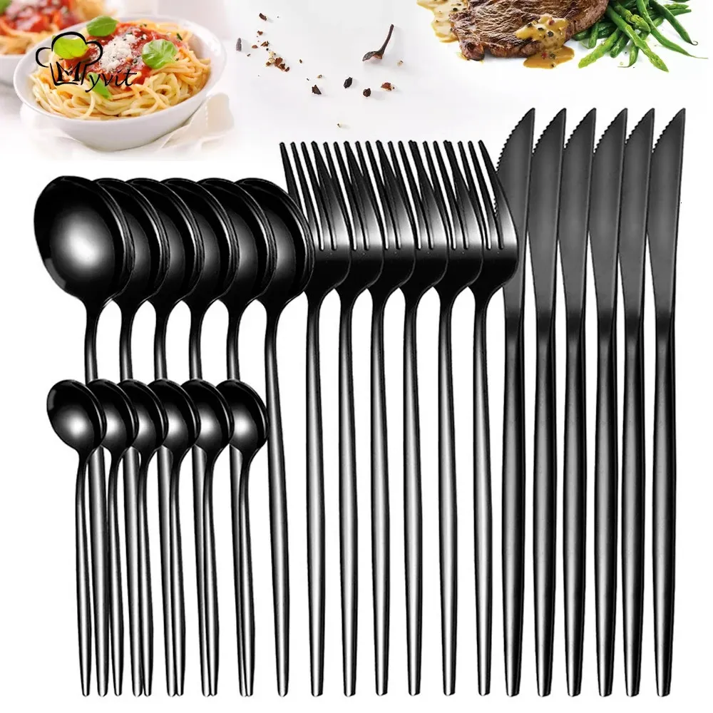 Servissilvaruppsättning 4-24st köket plattvaror bordsvaror cutlery set för hemrestaurang stek kniv gaffel sked te sked 240108