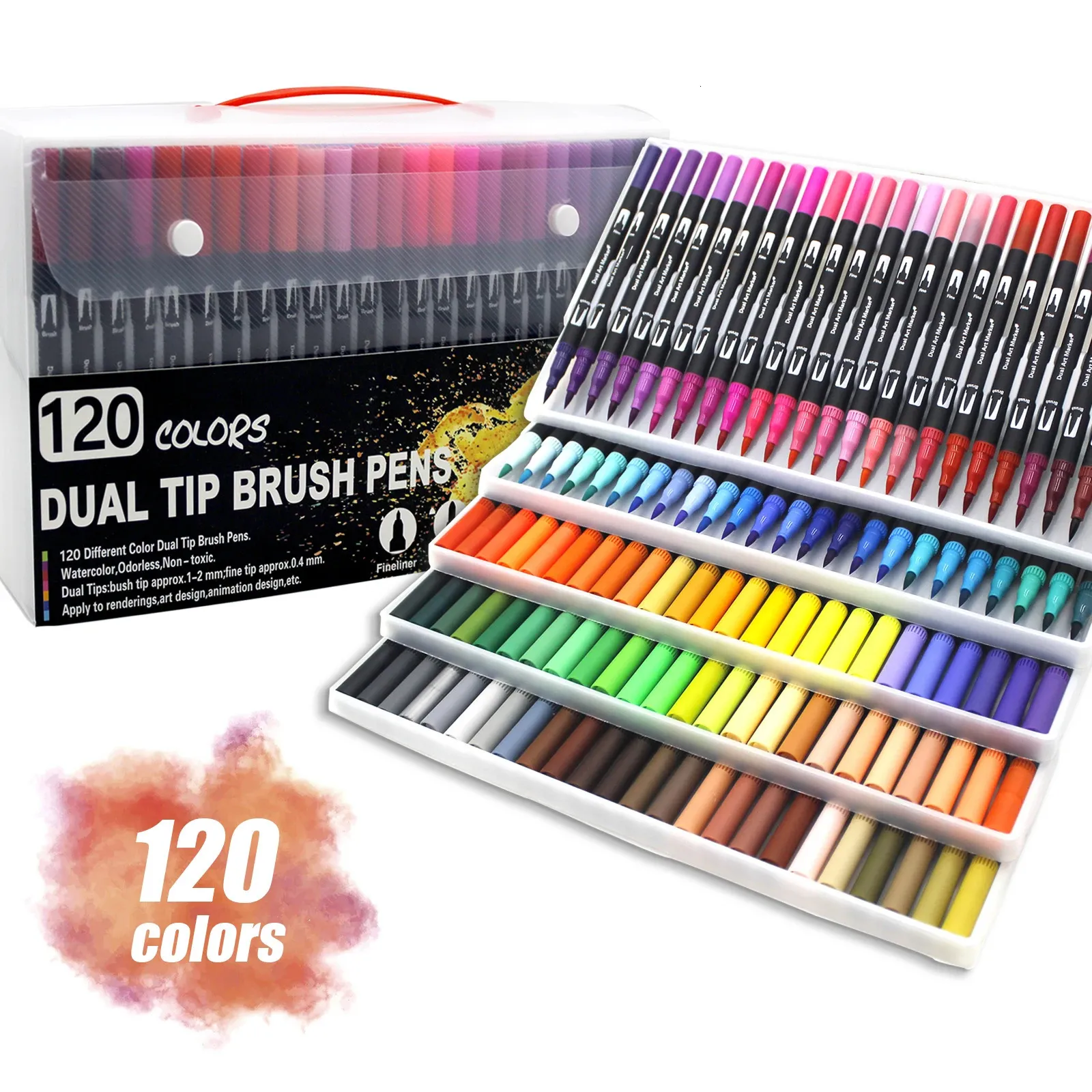 Marqueurs d'art aquarelle stylo pinceau 12/48/60/72/100/120 couleur dessin au trait fin à double pointe pour ensemble de peinture de papeterie scolaire Supplie 240108