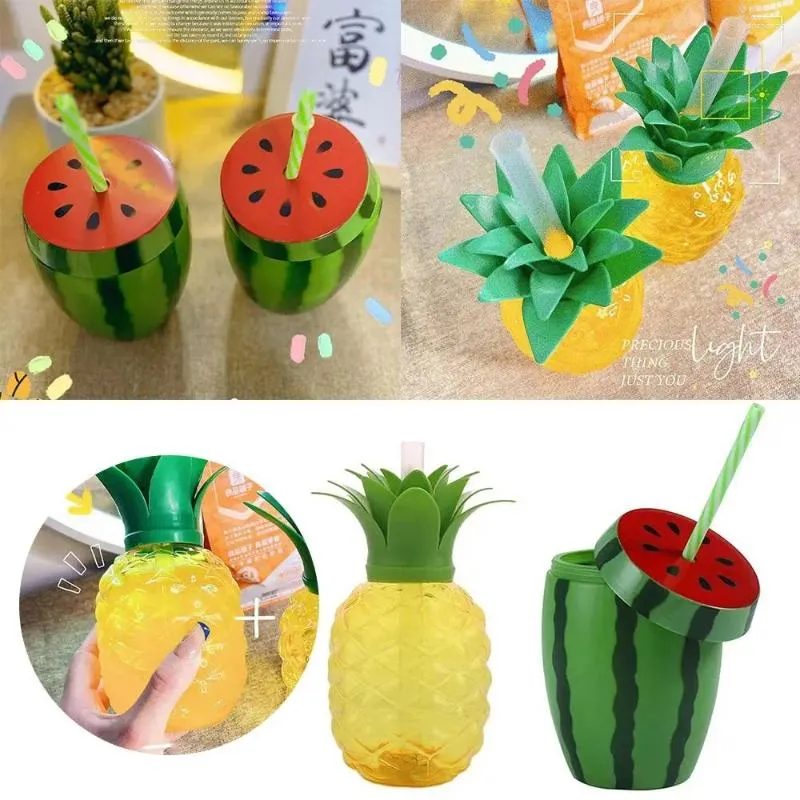 Water Bottles Lovely Tea Milk Juice Food Grade Plastic Strawberry Pineapple Watermelon Bottle Summer Straw Cup Drinkware