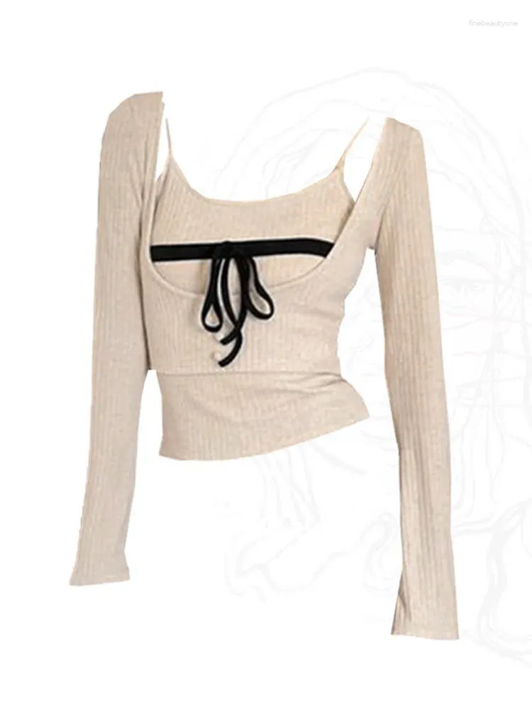 Damen-T-Shirts, 2000er-Jahre-Ästhetik, modische Outfits, 2-teiliges Set, Gyaru, Schnür-Schleife, schmale Weste, quadratischer Kragen, beige Strick-Crop-Top, Herbst-Winter