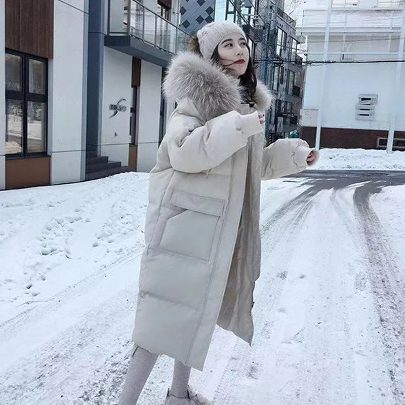 Pantolon Kış Pamuk Ceket Kadınlar Kış Kapşonlu Sahte Sahte Kürk Yaka Ceket Sıcak Parkas Kar Dış Giyim Büyük Boyu Uzun Kış Ceket C363