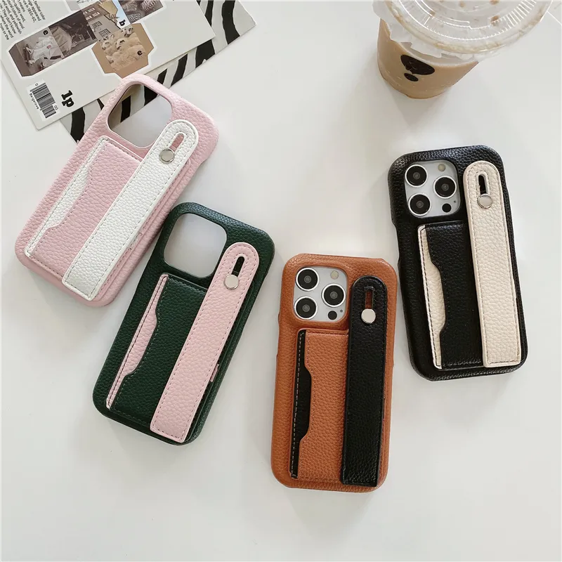 Wristband Strap Litchi Grain Leather Phone Case for iPhone 15 Plus 14 13 12 11 Pro Max XR XS Sturdy Stylish Card Slot Lychee Print Wallet Kickstand Back Cover Shockproof