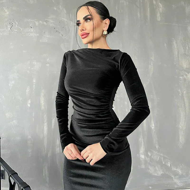 Eleganckie sukienki dla kobiet solidne złożone długie rękawy seksowne bodycon imprezowy sukienka jesienna zima moda szata vestido 240109