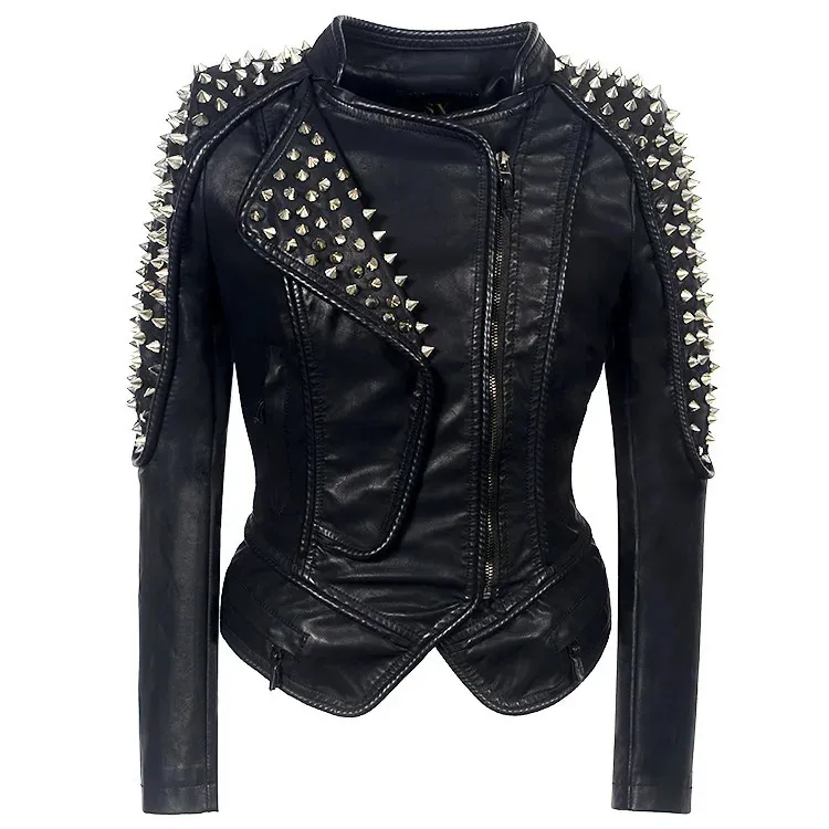 Steampunk Rock Rivet Women's Leather Jacket Slim Short Streetwear Gothic Embroidery Pu Leather Locomotive Coat Femme 240108