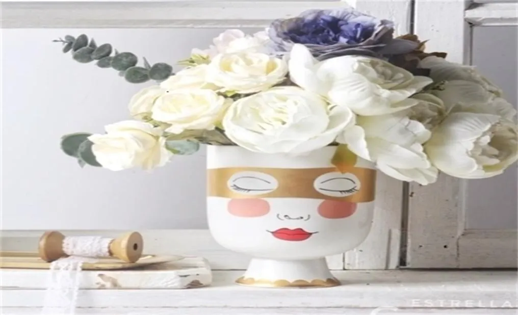 Little Girl Head Matte Bord Flower Vase Woman Face Golden Eye Mask Flower Arrangement Big Mouth Desk Pot Home Decorative Bottle S6394717