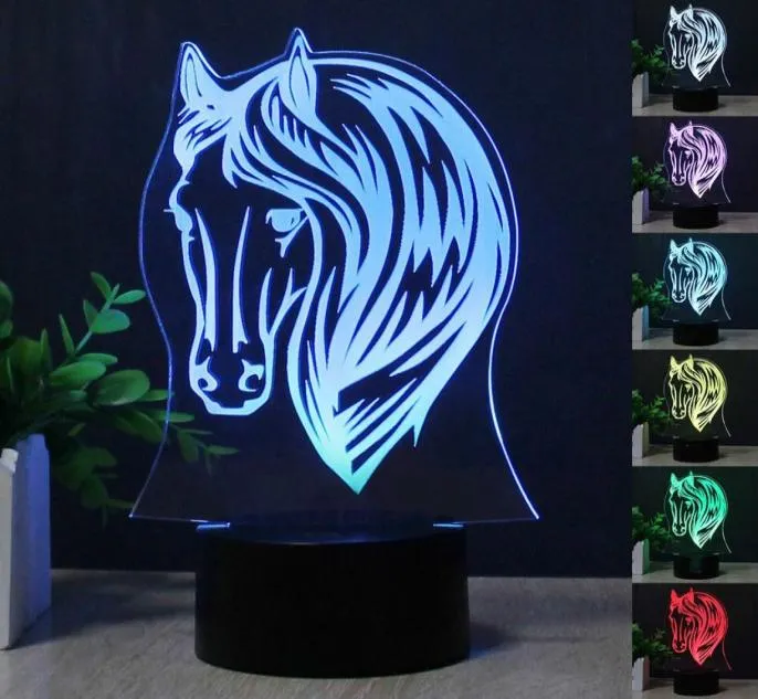 2017 New Horse Head 3D LED -bordslampa Färgglada 7 Färgförändringar Akryl Night Light Decoration Lamp Gifts1774951