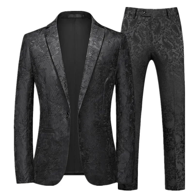 Modemärke Mens Jacquard Suit Classic Black White Blue Navy Business Wedding Banket Party Dress Men Blazers Pants 240108