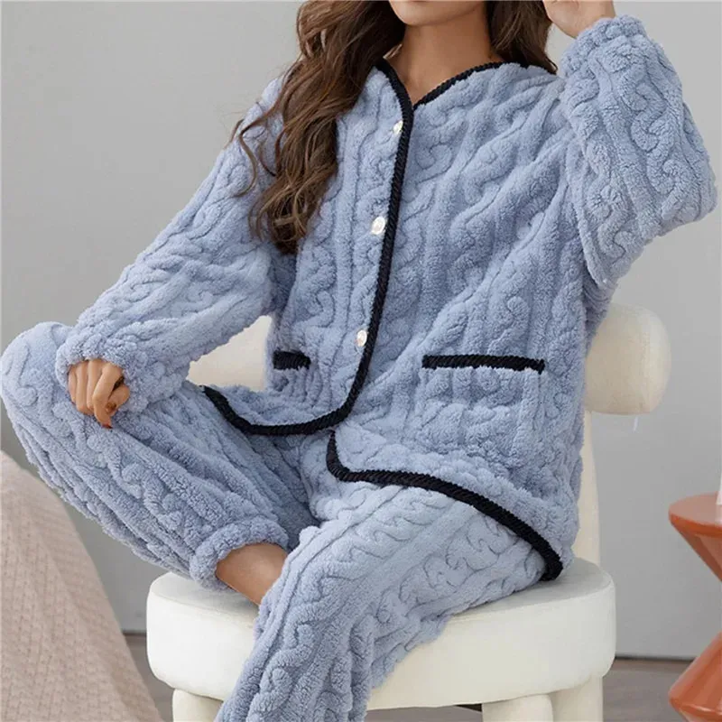 Осень-зима теплые фланелевые женские пижамные комплекты толстые коралловые бархатные с длинными рукавами однотонные пижамы домашняя одежда 240108